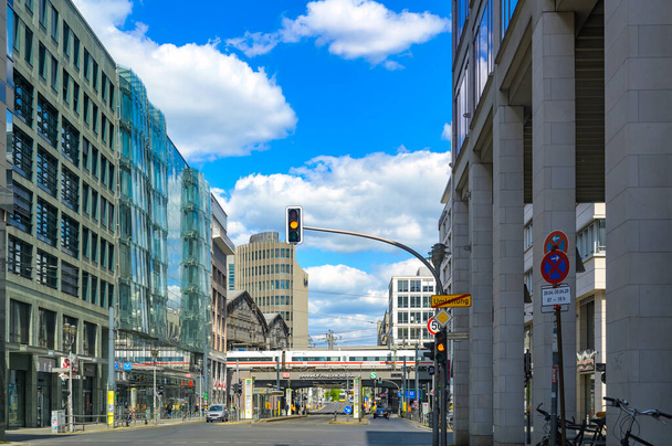 Berlin, Germany - April 26, 2020: View to the Friedrichstrasse in downtown Berlin with a train in the center of the photo. - 写真・画像