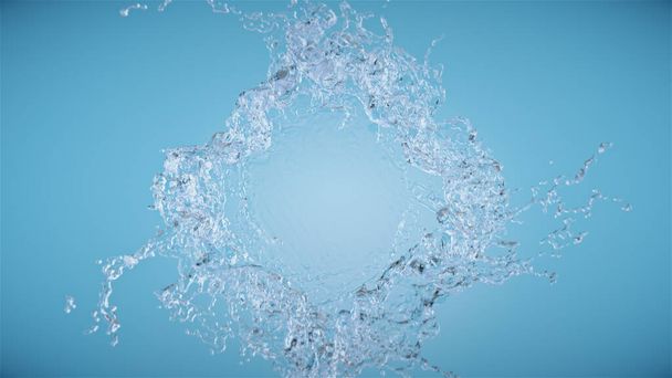 3d rendering pure liquid water splash to the camera on blue background on top view. - Foto, afbeelding