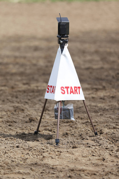 Start sign in the sand on show jumping race track at equestrian centre outdoors - Photo, Image