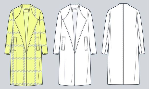 男女兼用コートテクニカルファッションイラスト。黄色の再生コート、アウターファッションフラット技術図面テンプレート、ミディ長さ、長い袖、ポケット、フロントとバックビュー、白、女性、男性、ユニセックスCADモックアップ. - ベクター画像