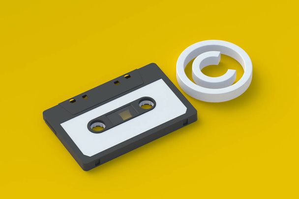 Copyright symbol near cassette. Intellectual property concept. Copyright of the music or song. 3d render - Valokuva, kuva