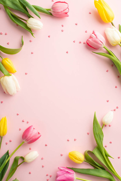 Conceito de decorações de 8 marchas. Visão superior foto vertical de tulipas brancas rosa amarelas e polvilhas em fundo rosa pastel isolado com espaço vazio no meio - Foto, Imagem