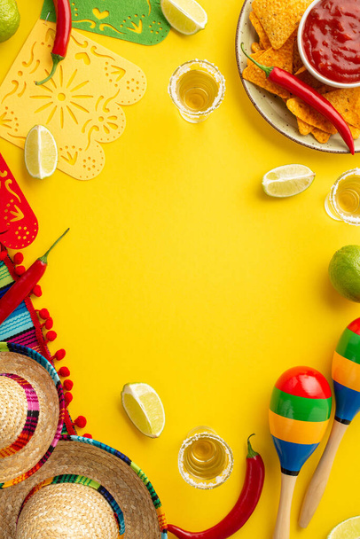 Cinco-de-mayo concept. Top view vertical photo of tequila nacho chips salsa sauce chilli lime sombrero striped serape garland maracas on isolated bright yellow background with copyspace in the middle - Photo, Image