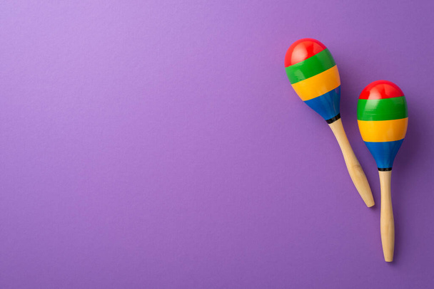 Top close up view photo of two striped colorful maracas on violet background with copy space - Valokuva, kuva
