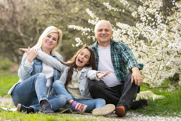 family having picnic in park, garden with flowering trees, spring. - Photo, Image