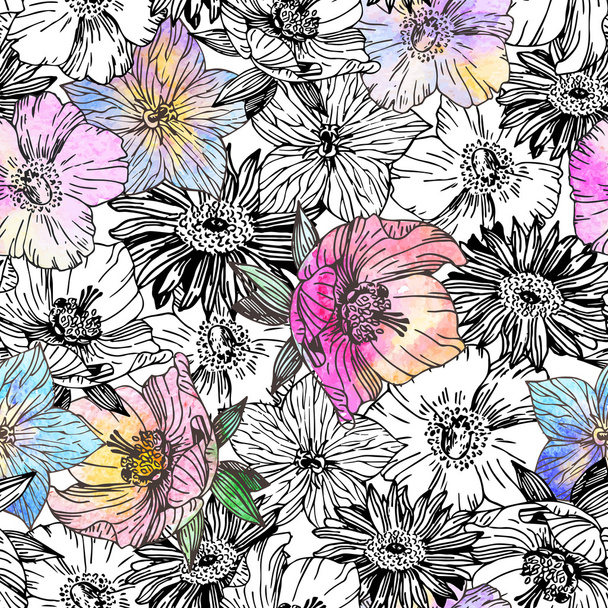 Pattern with beautiful watercolor flowers - Vektör, Görsel
