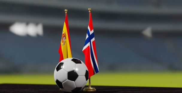 UEFA 2024 Ποδόσφαιρο Ισπανία εναντίον της Νορβηγίας Ευρωπαϊκό Πρωτάθλημα Ισπανία και Νορβηγία με μπάλα ποδοσφαίρου. 3d δουλειά. Ερεβάν, Αρμενία - 2023 Μαρτίου 24. - Φωτογραφία, εικόνα