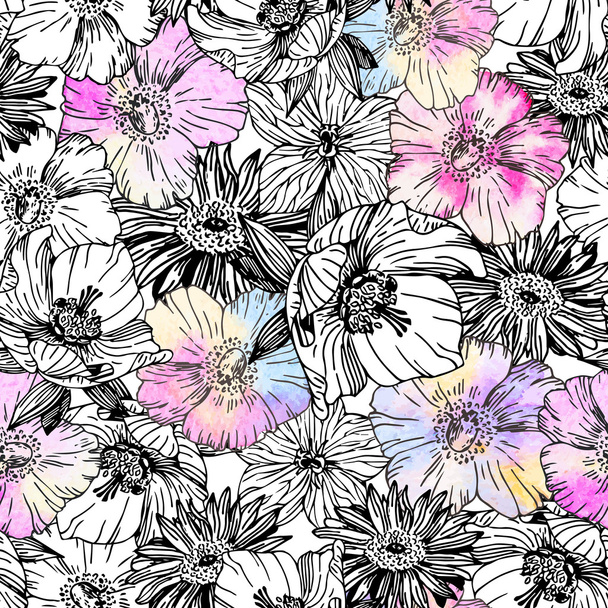 Patrón con hermosas flores de acuarela
 - Vector, Imagen