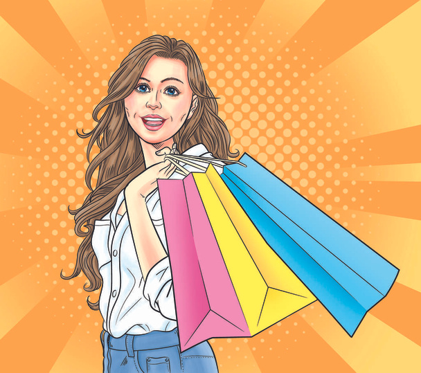 Happy teenage girl shopping using credit card and paying cash.Illustration - Photo, Image