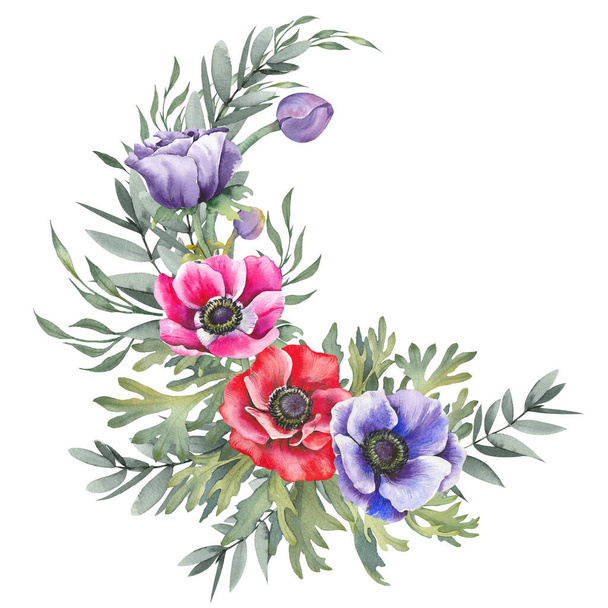 Colorful watercolor anemone flowers demi wreath. Illustration isolated on white background. - Foto, immagini