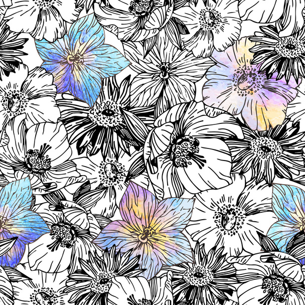 Pattern with beautiful watercolor flowers - Vector, Imagen