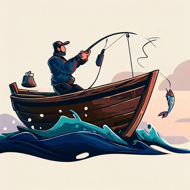 Pesca de pescador de barco a ilustração - Foto, Imagem