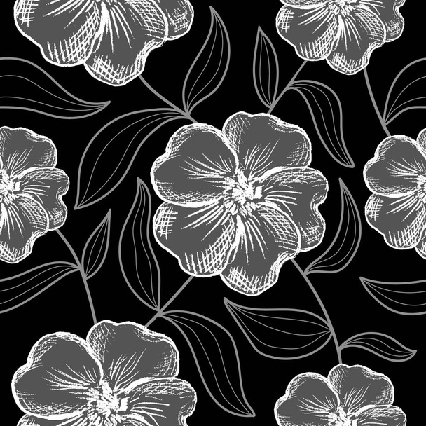 Virágos, zökkenőmentes minta. Monokróm trendi nyomtatott kézzel rajzolt virágok és levelek. Modern design szövet, textil, csomagolópapír - Vektor, kép