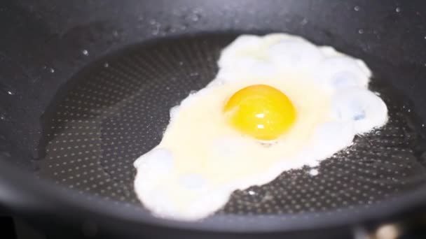 Jajko smaży się na patelni na podgrzanym oleju. Zdrowe śniadanie - Materiał filmowy, wideo