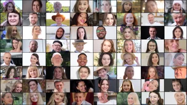 Pozitív emberi arcok csoportja néz a kamerába. Különböző korú multinacionális emberek kollázsa. A boldog emberek fogalma. - Felvétel, videó