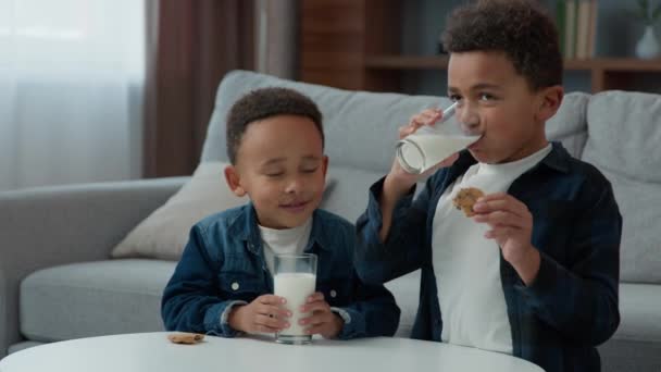 Twee kleine Afro-Amerikaanse jongens kinderen etnische geadopteerde hongerige kinderen drinken melk eten koekjes thuis woonkamer broers en zussen drinken melkachtige drank eten gebak kinderopvang gezondheidszorg gezonde voeding - Video