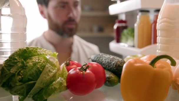 Standpunt POV in koelkast Kaukasische man man man man man man huiseigenaar chef fornuis open koelkast deur vol gezonde verse groenten halen snuiftomaat voor het koken in de keuken levering - Video