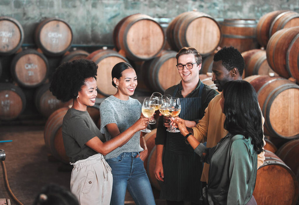Friends, wine tasting or toasting alcohol with drink glasses in local farm distillery, winery estate or countryside room. Diversity, bonding or happy celebration people together with vineyard barrels. - Photo, Image