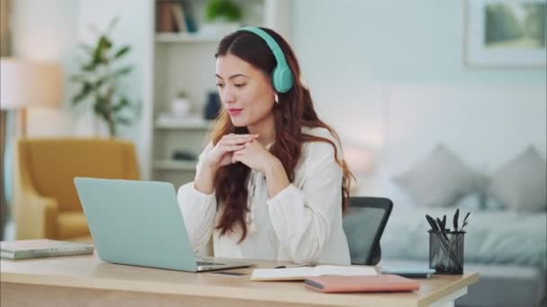 Headphones, video call and business woman thumbs up for thank you in home office for b2b marketing, global communication and kpi update. Work from home manager with audio sound for zoom call webinar. - Felvétel, videó