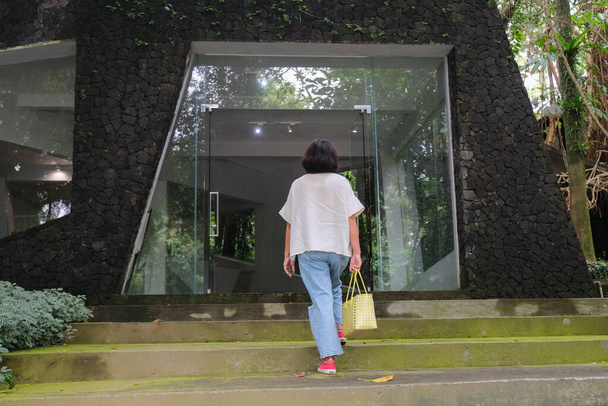Woman casually walking up the steps into glass door entrance under the shade - Foto, Bild