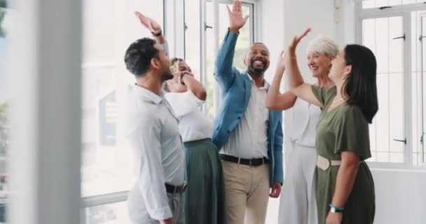 Success smile, high five or business people in meeting applause for company growth, partnership deal or target review. Diversity, motivation or teamwork for celebration, cheering for goal achievement. - Footage, Video