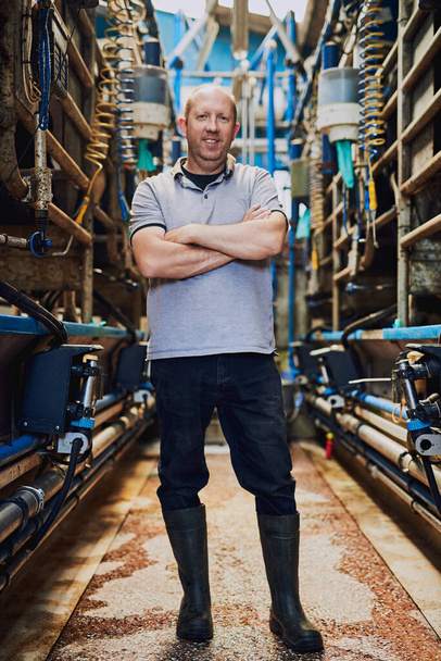 Prowadzę moją farmę mleczarską jak szef. Portret rolnika stojącego z rękami złożonymi w fabryce mleczarskiej. - Zdjęcie, obraz