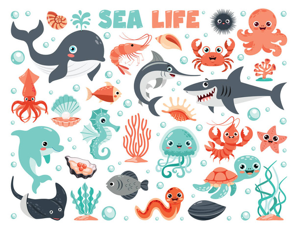 Ilustración de dibujos animados de los elementos de la vida marina - Vector, Imagen