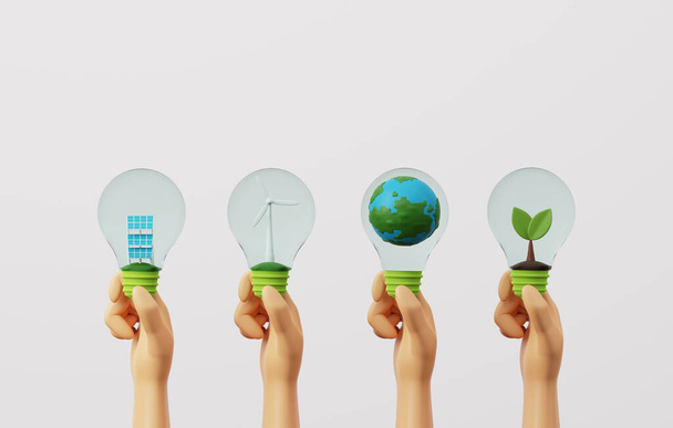 Grüne Energietechnologie, ökologisch nachhaltige erneuerbare Energien. Clean Energy Windrad auf Glühbirne auf gelbem Hintergrund. 3D-Darstellung. - Foto, Bild
