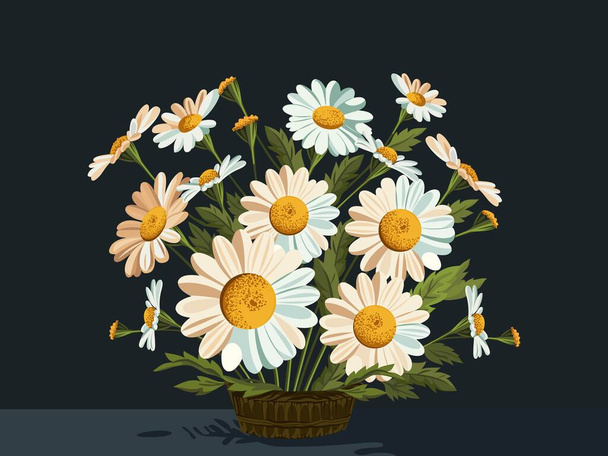 Beautiful Daisies Bouquet In Basket Against Black Background. - Vector, Image