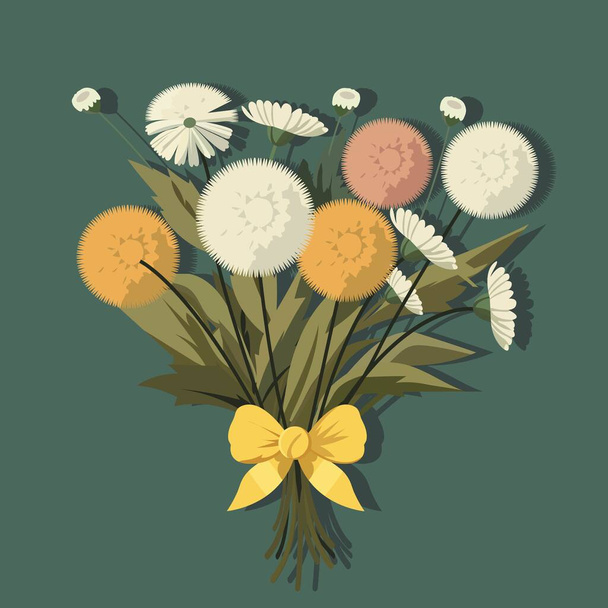 Dandelion Bouquet Tied With Yellow Bow Ribbon On Green Background. - Wektor, obraz