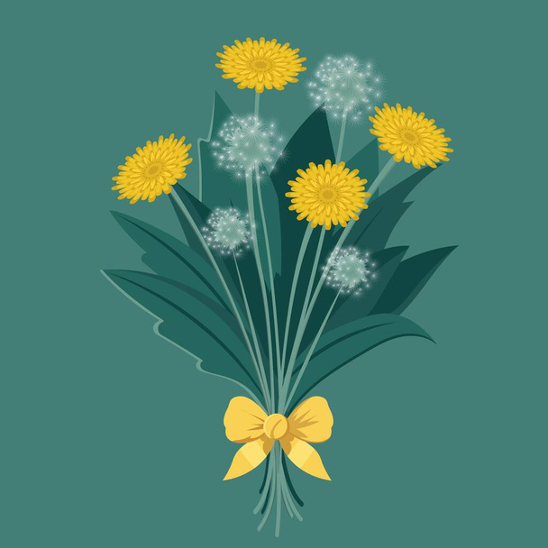 Bunch of Dandelion Floral Tied With Yellow Bow Ribbon On Teal Green Background. - Вектор,изображение