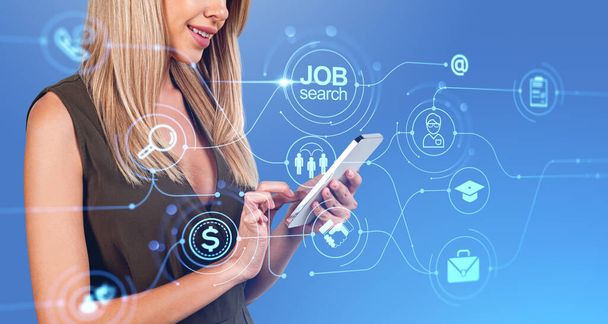 Smiling businesswoman finger touch phone, job search glowing circuit hologram with icons. CV, personal data and career in company. Concept of resume and mobile app - Foto, afbeelding