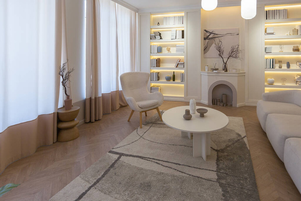 fashionable modern design luxury apartment in light colors. bright day behind huge windows. stylish decoration and no one inside. - Φωτογραφία, εικόνα