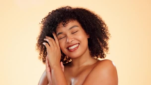 Face, skincare and beauty smile of woman in studio isolated on a brown background. Cosmetics, makeup aesthetics or happy female model with healthy, glowing or flawless skin after spa facial treatment. - Footage, Video