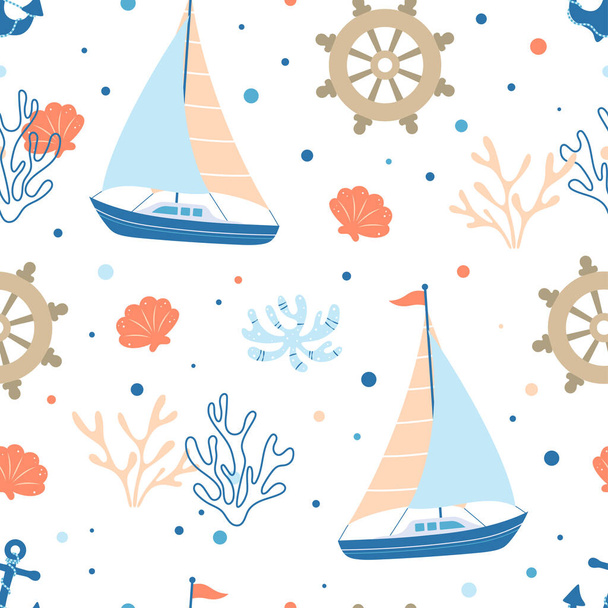 seamless pattern with sailboat, anchor, steering wheel and seaweed, cute marine pattern for fabric, baby clothes, background, textile, wrapping paper and other decoration, flat vector illustration - Vector, Image