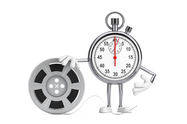 Modern Stopwatch Cartoon Person Character Mascot with Film Reel Cinema Tape on a white background. 3d Rendering  - 写真・画像