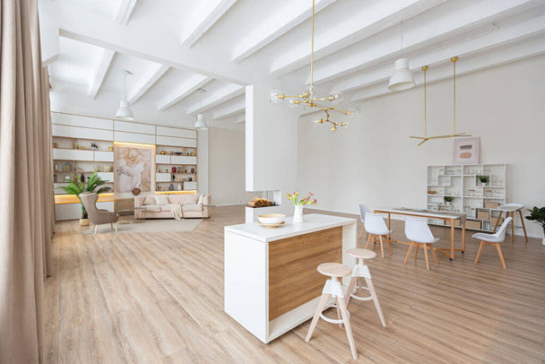 interior design spacious bright studio apartment in Scandinavian style and warm pastel white and beige colors. trendy furniture in the living area and modern details in the kitchen area. - Fotó, kép