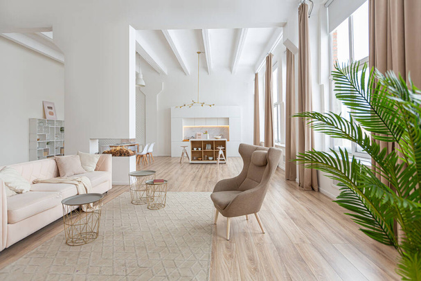 interior design spacious bright studio apartment in Scandinavian style and warm pastel white and beige colors. trendy furniture in the living area and modern details in the kitchen area. - Zdjęcie, obraz