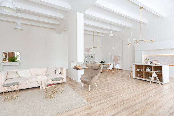 interior design spacious bright studio apartment in Scandinavian style and warm pastel white and beige colors. trendy furniture in the living area and modern details in the kitchen area. - Foto, afbeelding