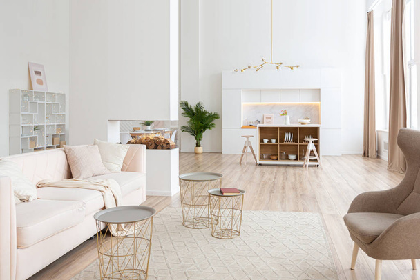 interior design spacious bright studio apartment in Scandinavian style and warm pastel white and beige colors. trendy furniture in the living area and modern details in the kitchen area. - Foto, Imagem