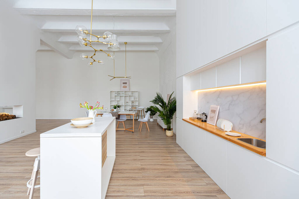 interior design spacious bright studio apartment in Scandinavian style and warm pastel white and beige colors. trendy furniture in the living area and modern details in the kitchen area. - 写真・画像