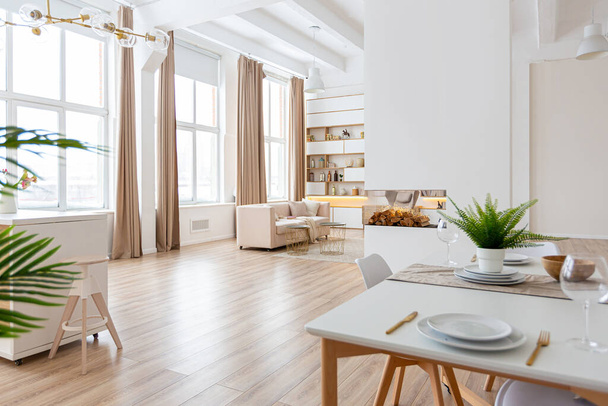 interior design spacious bright studio apartment in Scandinavian style and warm pastel white and beige colors. trendy furniture in the living area and modern details in the kitchen area. - Foto, imagen