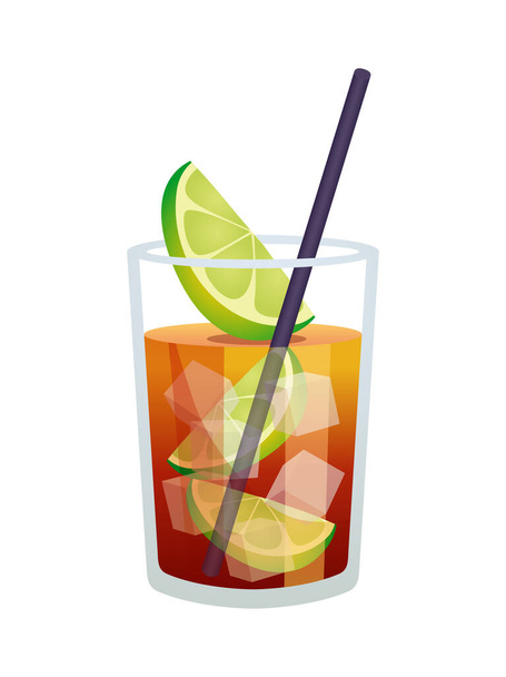 Rum cocktail with lime and straw in glass flat vector illustration - Vector, Image