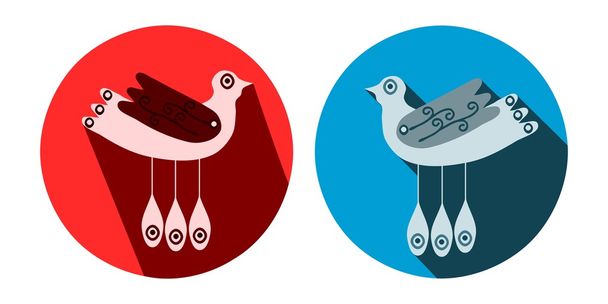 Decoratieve gestileerde vogels met lange schaduw in blauwe en rode cirkel - Vector, afbeelding