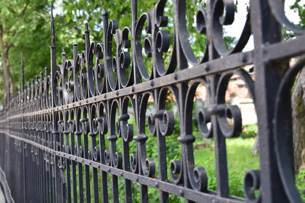 Arkasında parkı olan demirden yapılmış eski bir çit. - Fotoğraf, Görsel