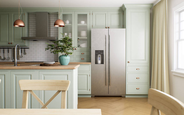 Grüne Küche mit Insel. Stilvolle Küche mit Holzarbeitsplatte. Gemütliche Olivenküche mit Waren und Utensilien. 3D-Darstellung - Foto, Bild
