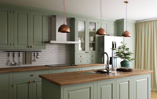 島と緑のキッチンインテリア。木製の作業台付きのスタイリッシュなキッチン。調理器具や家電付きの居心地の良いオリーブキッチン。キッチンワークトップのクローズアップ。3D可視化 - 写真・画像