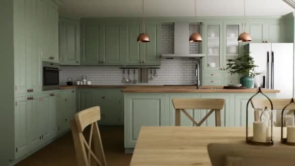 Interior de cozinha verde com ilha. Cozinha elegante com bancadas de madeira. Cozinha de azeitona acolhedora com utensílios e eletrodomésticos. Close-up de uma mesa de jantar no fundo da cozinha. Animação 3D - Filmagem, Vídeo