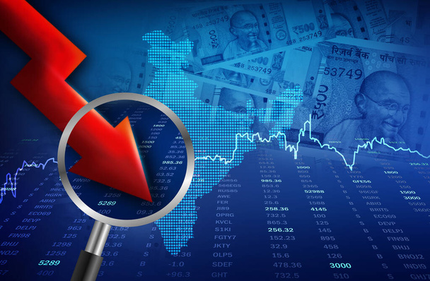 Концепция падения индийской экономики. Потеря фондового рынка. иллюстрация стрелкой вниз с индийской картой - Фото, изображение