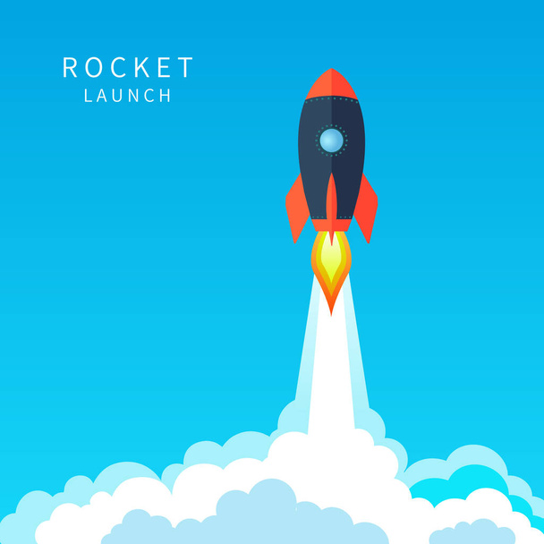 Lanzamiento de nave cohete Ilustración de fondo de inicio. Concepto de producto empresarial en el mercado, startup, crecimiento, idea creativa. - Vector, Imagen